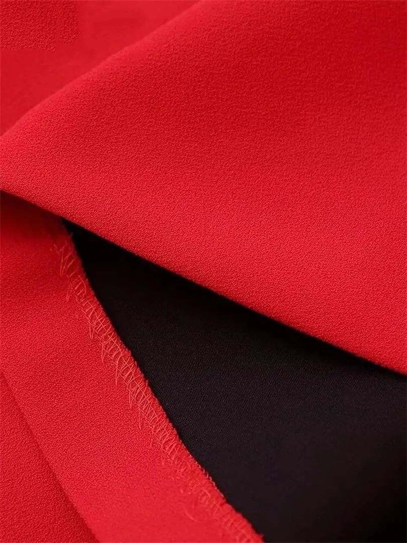 Women Spring Red Cape Blazer Pleated Skirt Side Zipper Office A Line Midi Long Skirt Sets