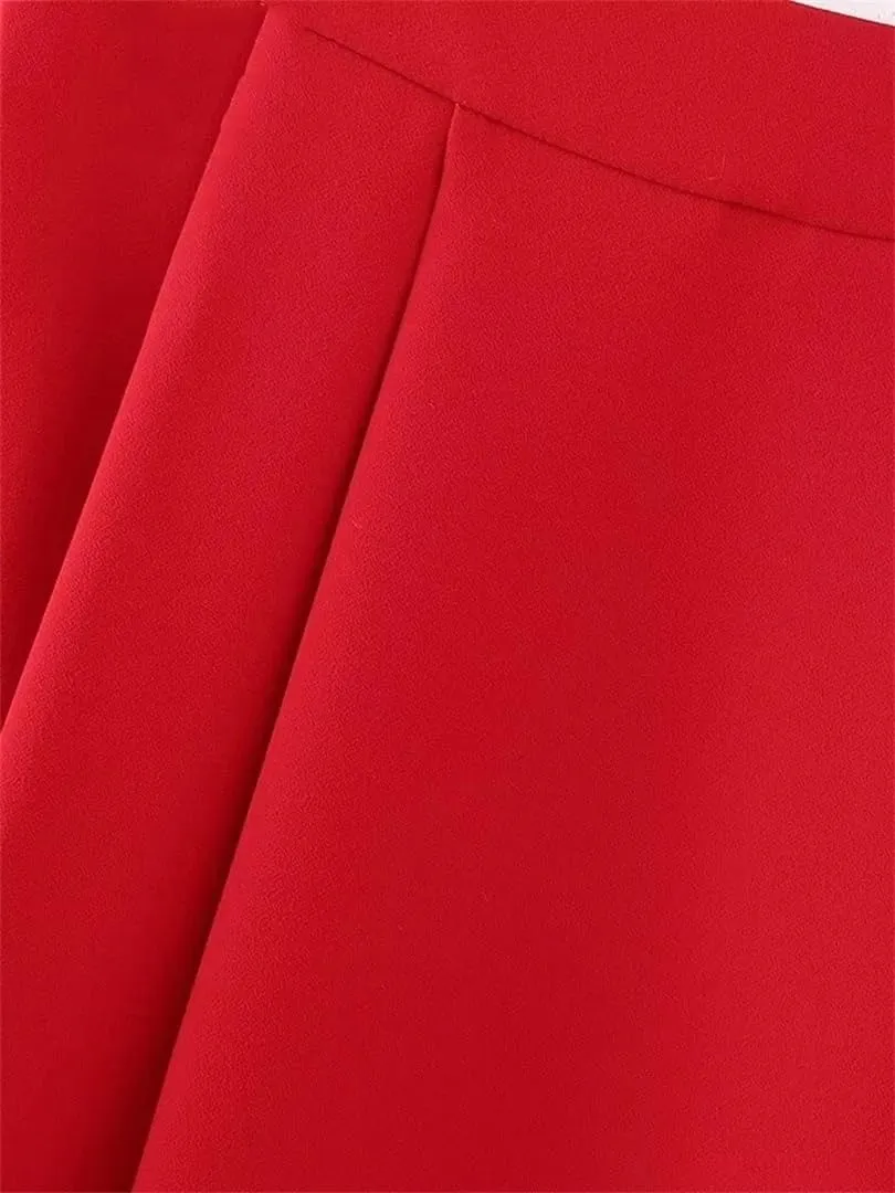 Women Spring Red Cape Blazer Pleated Skirt Side Zipper Office A Line Midi Long Skirt Sets