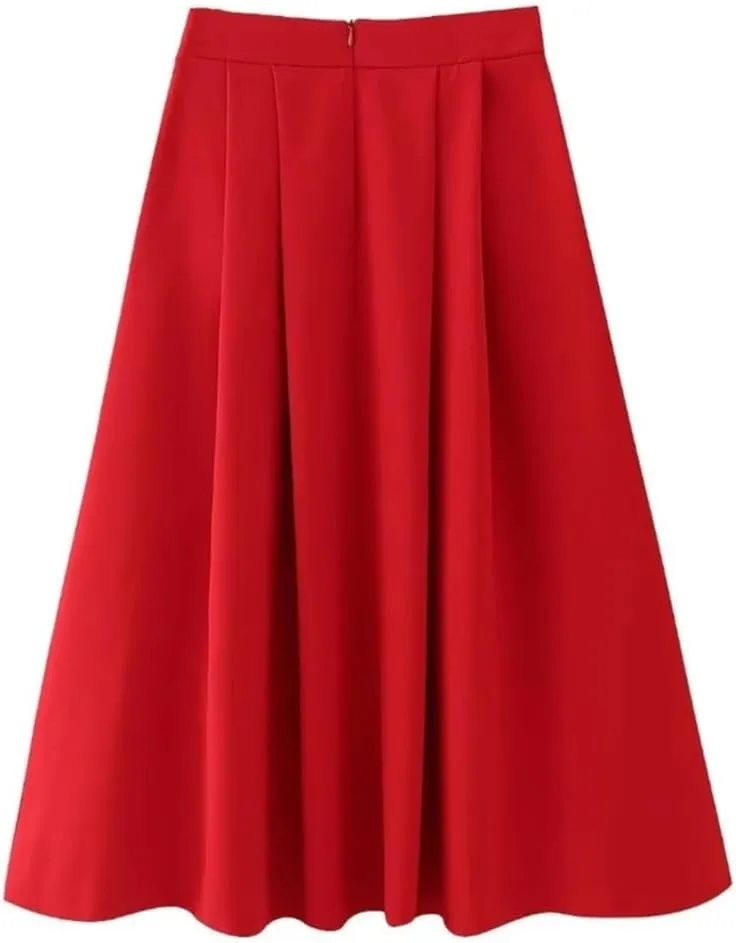 Women Spring Red Cape Blazer Pleated Skirt Side Zipper Office A Line Midi Long Skirt Sets