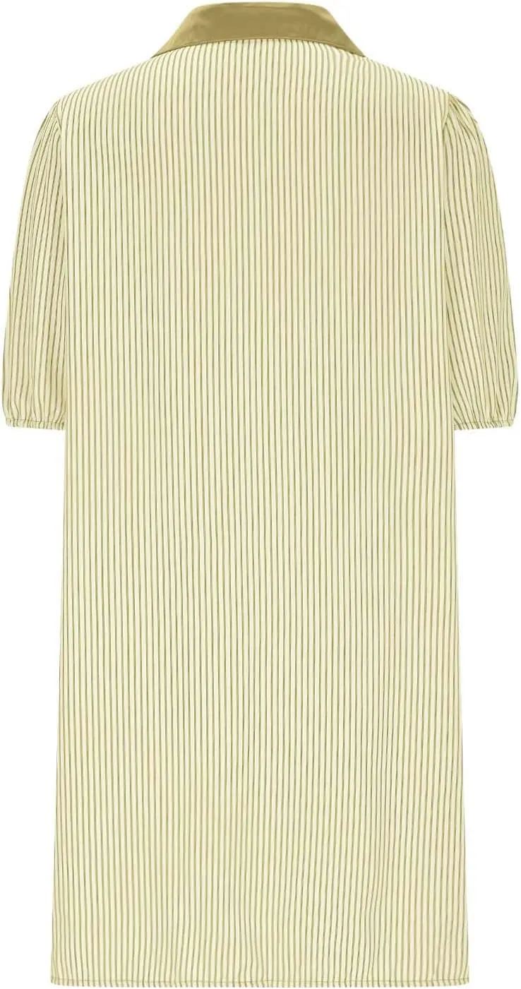 Women Striped Button Down Shirt Dress Summer Preppy Puff Half Sleeve Lapel Mini Dresses Casual Loose Fit Tunic Dress