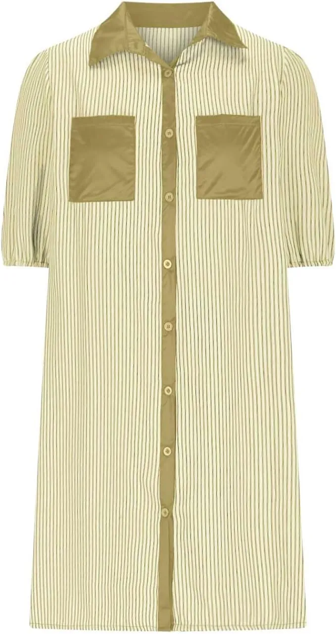 Women Striped Button Down Shirt Dress Summer Preppy Puff Half Sleeve Lapel Mini Dresses Casual Loose Fit Tunic Dress