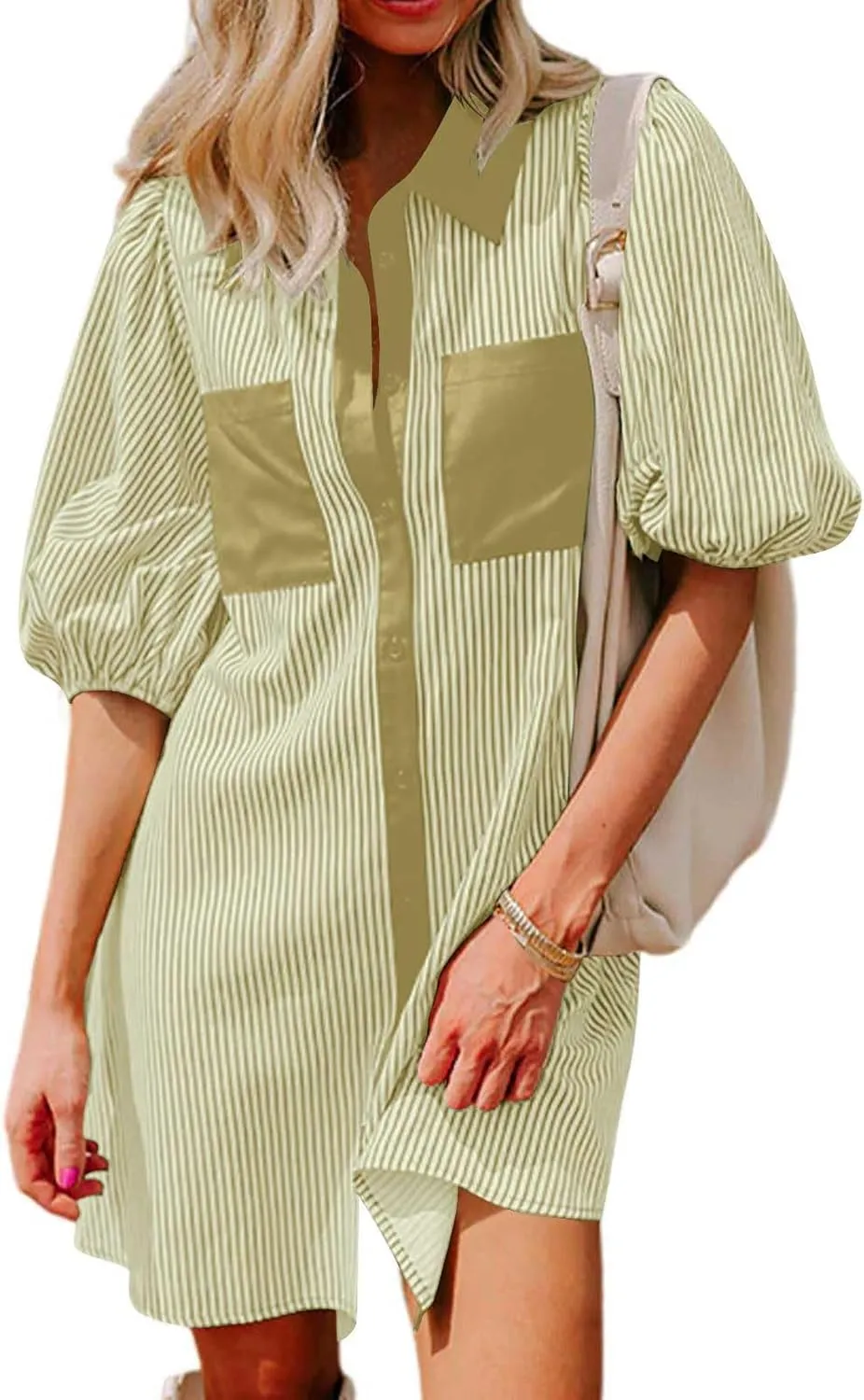 Women Striped Button Down Shirt Dress Summer Preppy Puff Half Sleeve Lapel Mini Dresses Casual Loose Fit Tunic Dress