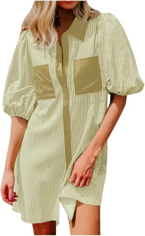 Women Striped Button Down Shirt Dress Summer Preppy Puff Half Sleeve Lapel Mini Dresses Casual Loose Fit Tunic Dress