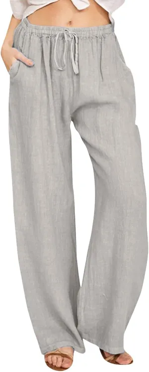 Women Summer High Waist Cotton Linen Palazzo Pants, Wide Leg Long Lounge Pant Trousers Comfy Straight Pants with Pockets