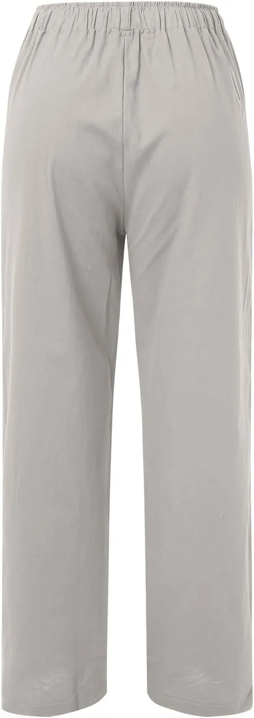 Women Summer High Waist Cotton Linen Palazzo Pants, Wide Leg Long Lounge Pant Trousers Comfy Straight Pants with Pockets
