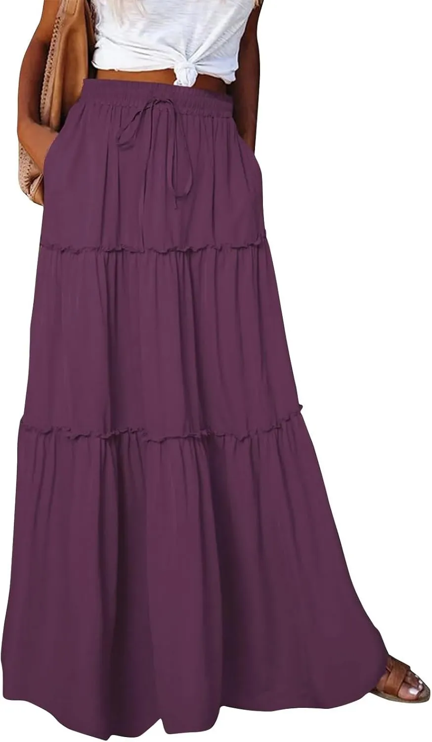 Women Summer Pleated Long Skirts Casual Loose Fit Elastic Waisted Flowy Swing A-Line Midi Skirts
