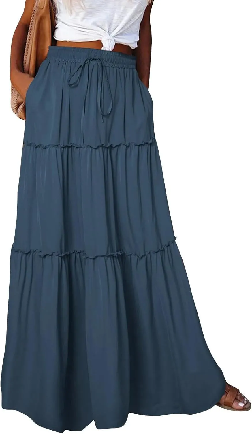 Women Summer Pleated Long Skirts Casual Loose Fit Elastic Waisted Flowy Swing A-Line Midi Skirts