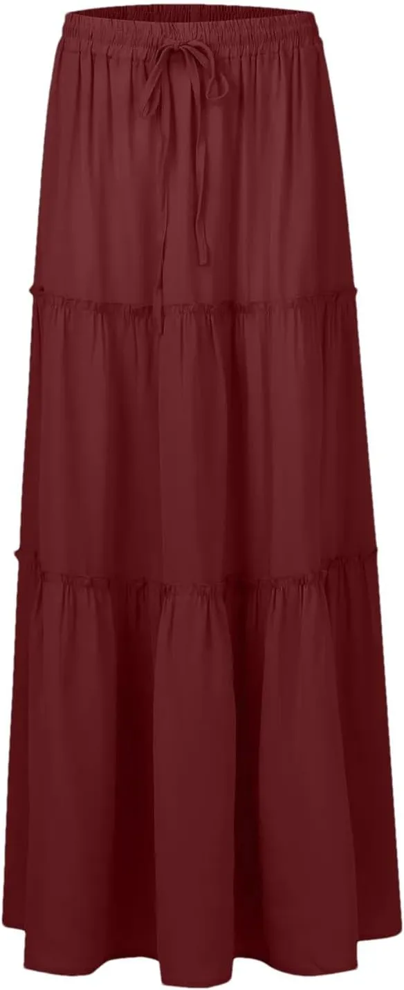 Women Summer Pleated Long Skirts Casual Loose Fit Elastic Waisted Flowy Swing A-Line Midi Skirts