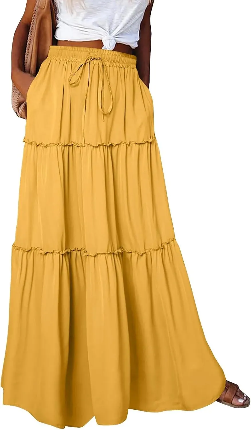 Women Summer Pleated Long Skirts Casual Loose Fit Elastic Waisted Flowy Swing A-Line Midi Skirts