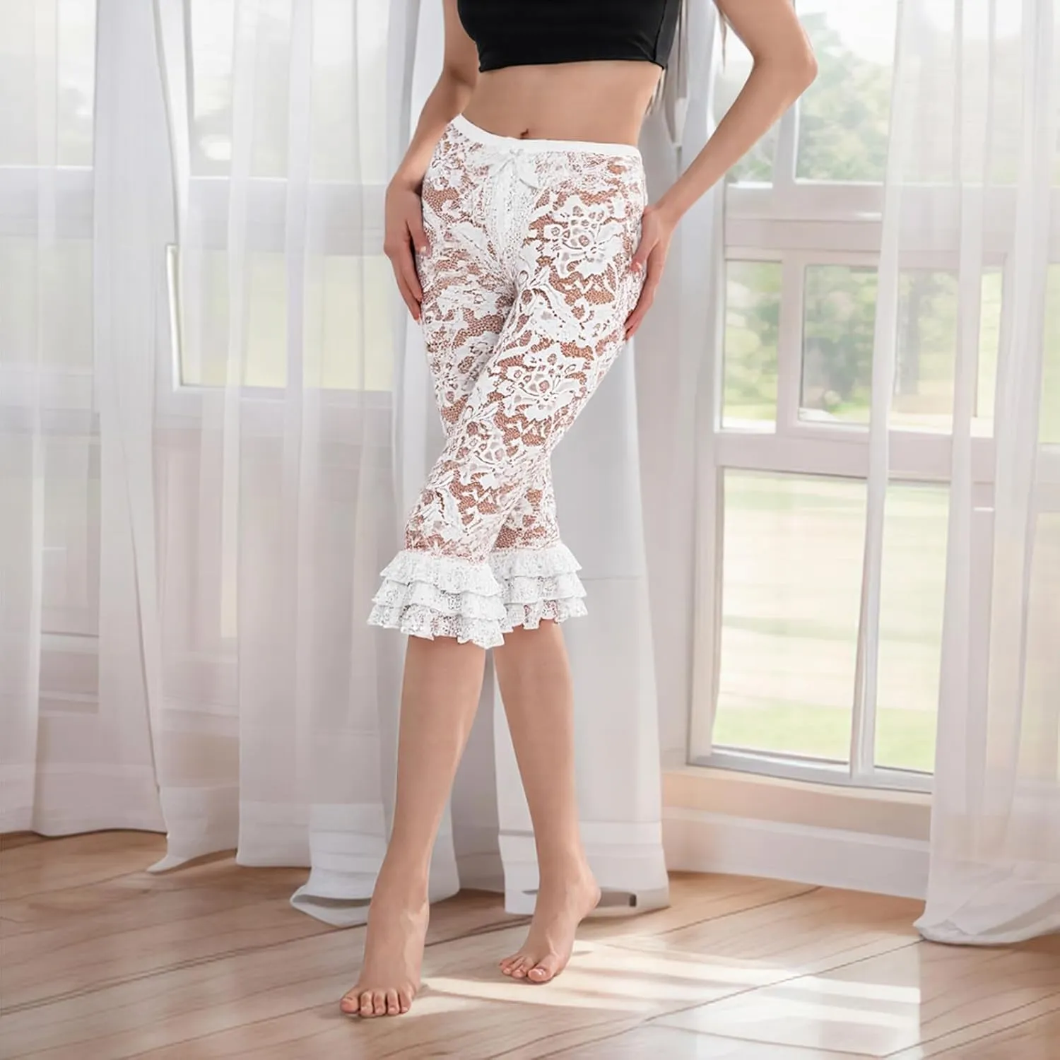 Women Summer Sheer Lace Leggings Capris See Through Knee Length Elastic High Waist Pants Trousers Coquette Legging