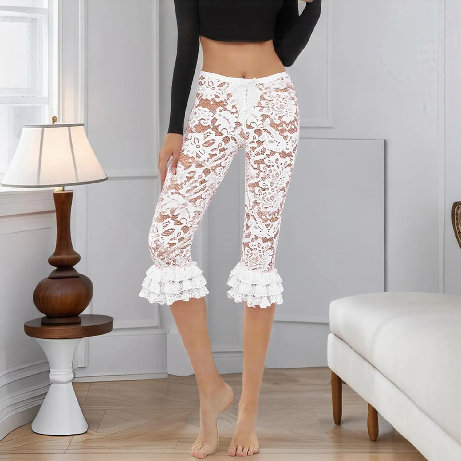 Women Summer Sheer Lace Leggings Capris See Through Knee Length Elastic High Waist Pants Trousers Coquette Legging