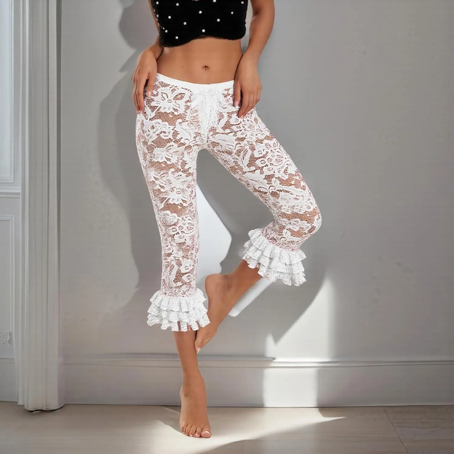 Women Summer Sheer Lace Leggings Capris See Through Knee Length Elastic High Waist Pants Trousers Coquette Legging