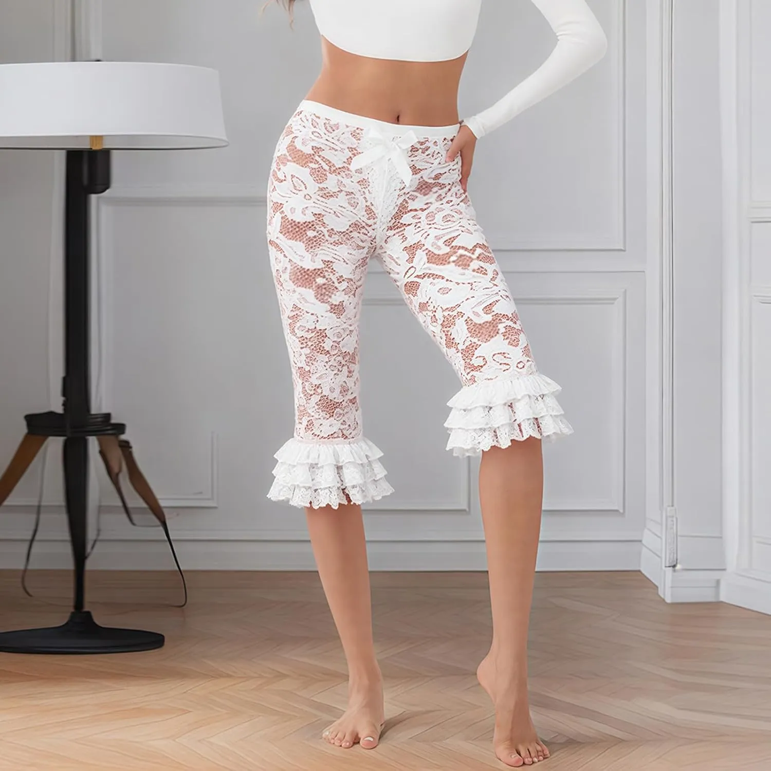 Women Summer Sheer Lace Leggings Capris See Through Knee Length Elastic High Waist Pants Trousers Coquette Legging