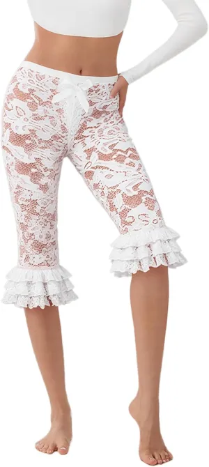 Women Summer Sheer Lace Leggings Capris See Through Knee Length Elastic High Waist Pants Trousers Coquette Legging