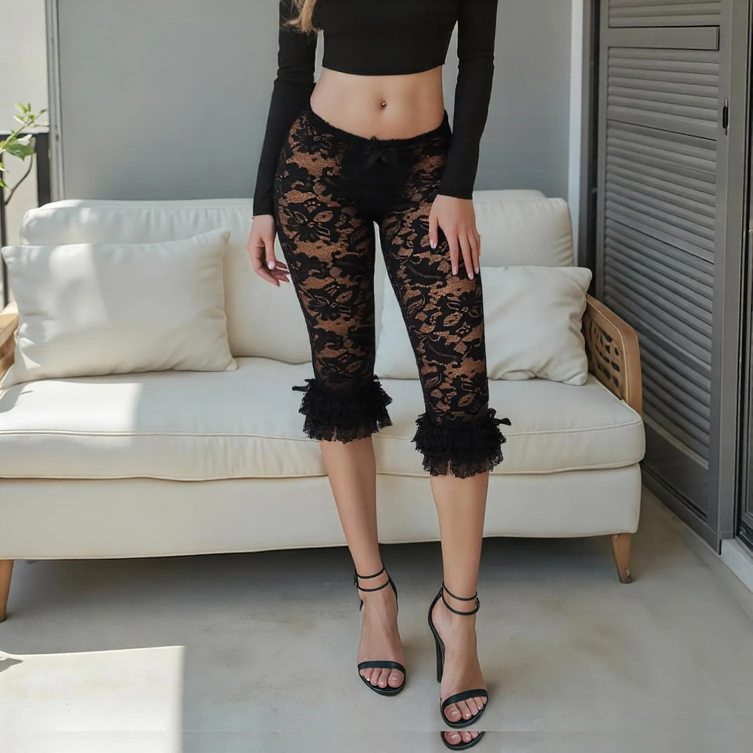 Women Summer Sheer Lace Leggings Capris See Through Knee Length Elastic High Waist Pants Trousers Coquette Legging