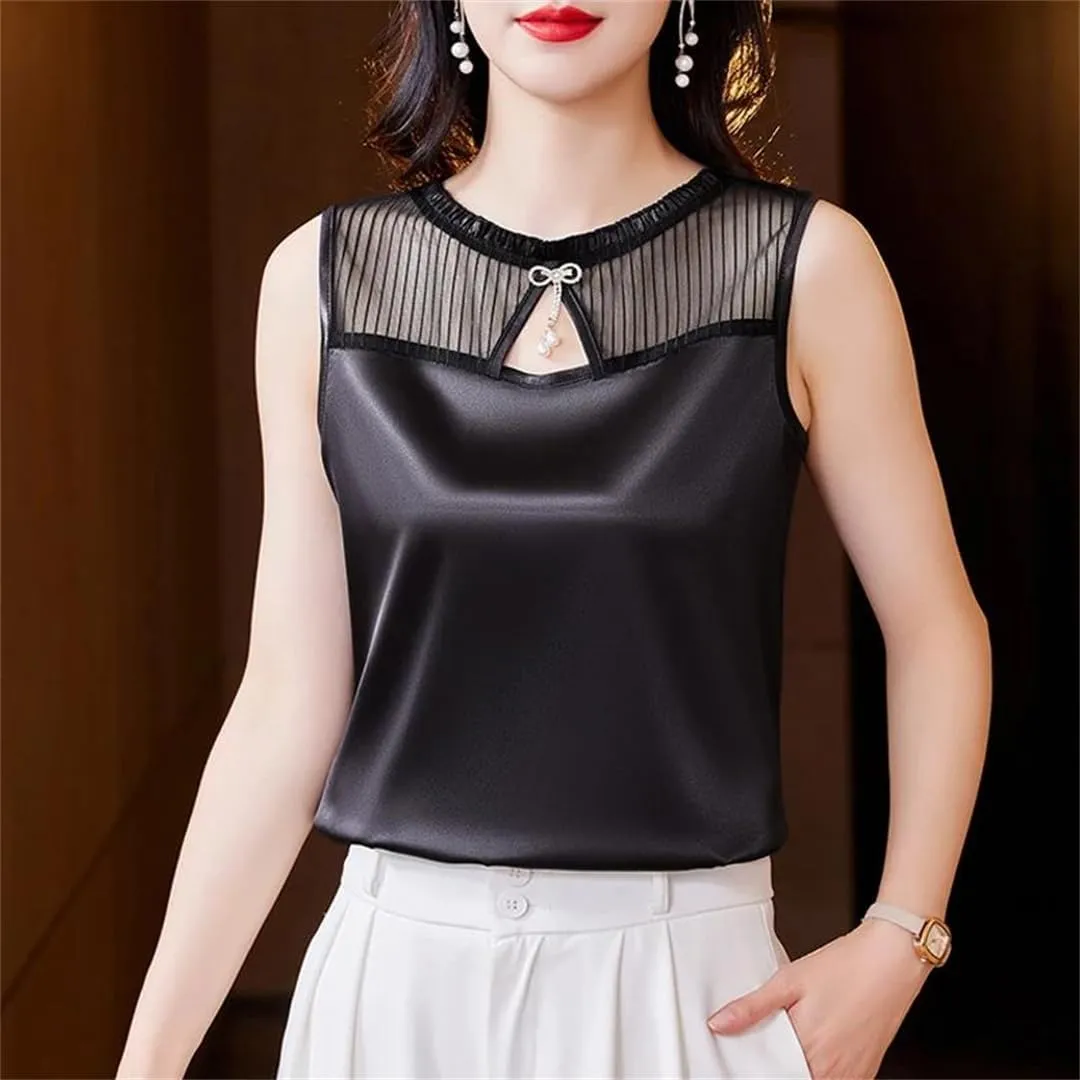 Women Summer Tank Top Sleeveless Silk Satin Shirt Casual Round Neck Hollow Out Patchwork Camisole Vest