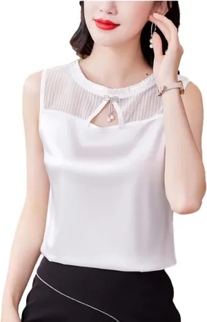 Women Summer Tank Top Sleeveless Silk Satin Shirt Casual Round Neck Hollow Out Patchwork Camisole Vest