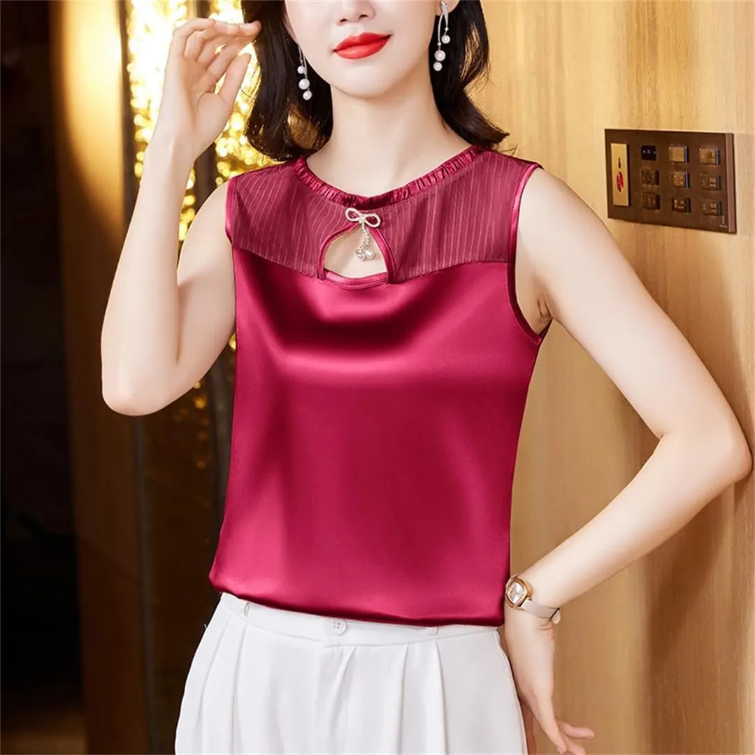 Women Summer Tank Top Sleeveless Silk Satin Shirt Casual Round Neck Hollow Out Patchwork Camisole Vest