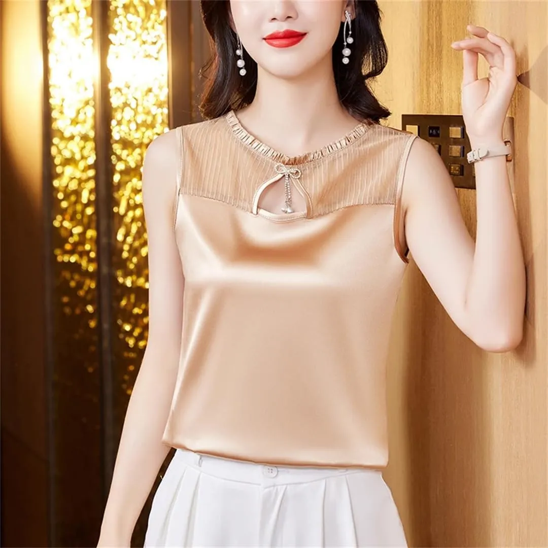 Women Summer Tank Top Sleeveless Silk Satin Shirt Casual Round Neck Hollow Out Patchwork Camisole Vest