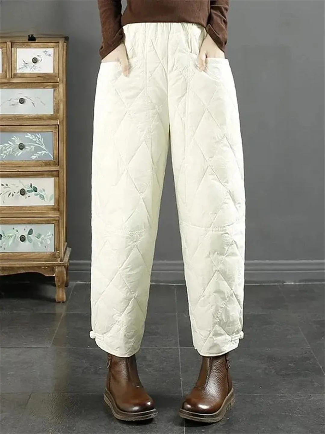Women Thicken Solid Harem Pants Winter High Waist Down Cotton Windproof Pantalones Loose Ankle Length