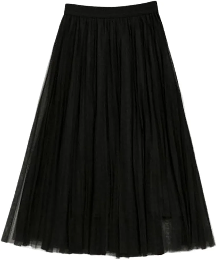 Women Tulle Pleated Skirt, High Waist Mesh Midi Skirt, Black White Pink Sweet Fairy Skirts
