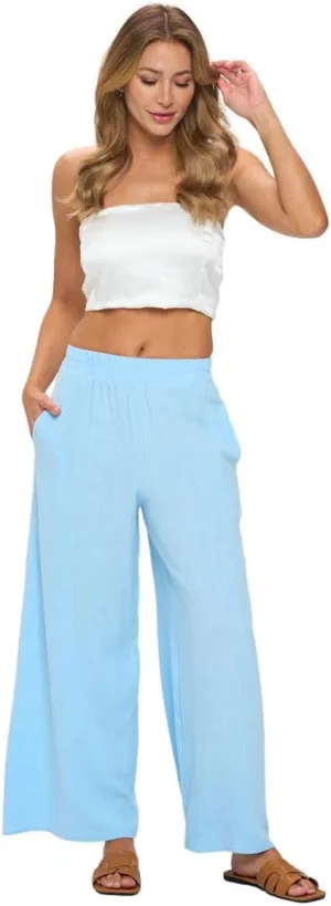 Women Wide Leg Linen Palazzo Pants Regular Waist Boho Flowy Pants with Pocket Travel Trousers - Made in USA