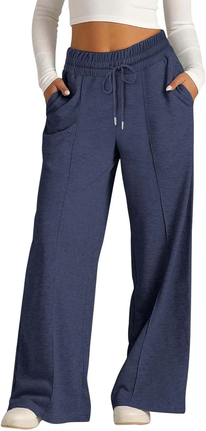 Women Wide Leg Sweatpant High Waisted Cotton Baggy Casual Drawstring Waist Yoga Joggers Pants with Pockets