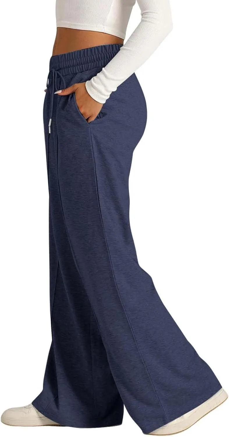 Women Wide Leg Sweatpant High Waisted Cotton Baggy Casual Drawstring Waist Yoga Joggers Pants with Pockets