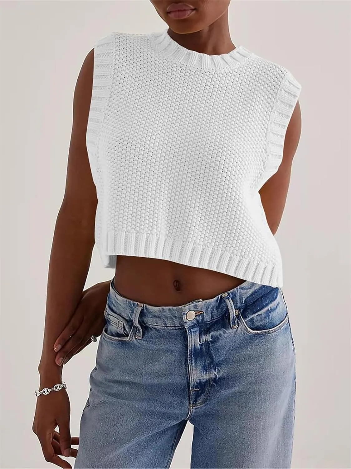 Women Y2K Backless Sweater Vest Tie Up Split Open Back Knit Vest Sleeveless Crewneck Pullover Summer Tank Crop Tops