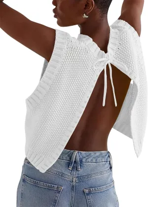 Women Y2K Backless Sweater Vest Tie Up Split Open Back Knit Vest Sleeveless Crewneck Pullover Summer Tank Crop Tops