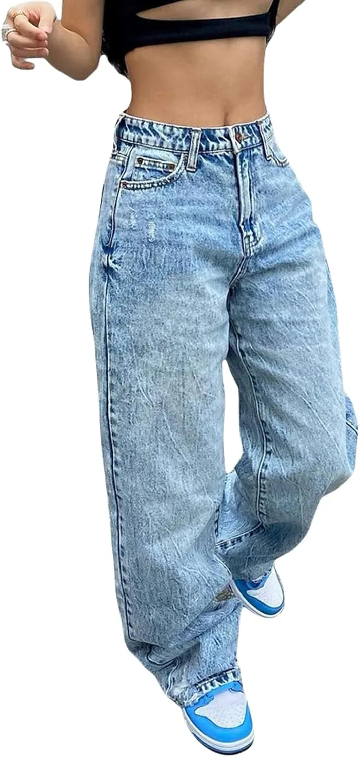 Women Y2k Baggy Jeans Wide Straight Leg High Waist Denim Pants Vintage Harajuku Loose Casual Trousers Streetwear