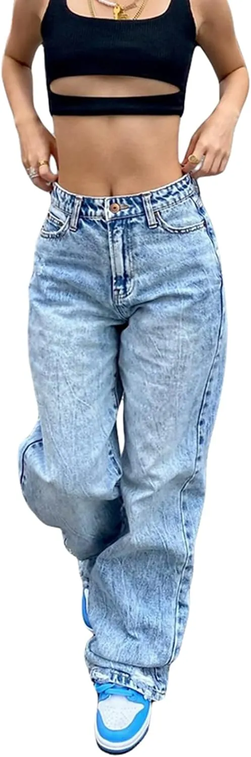 Women Y2k Baggy Jeans Wide Straight Leg High Waist Denim Pants Vintage Harajuku Loose Casual Trousers Streetwear