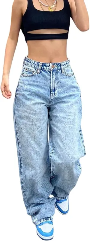 Women Y2k Baggy Jeans Wide Straight Leg High Waist Denim Pants Vintage Harajuku Loose Casual Trousers Streetwear