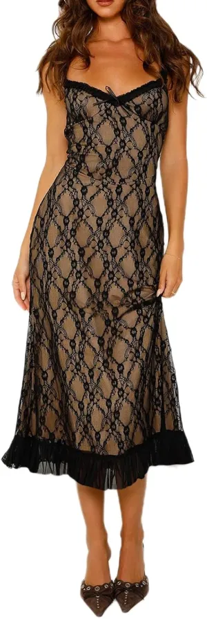 Women Y2K Sheer Lace Cami Dress Spaghetti Strap Low Cut Dress See Through Ruffle Hem Dress Backless Party Dresses
