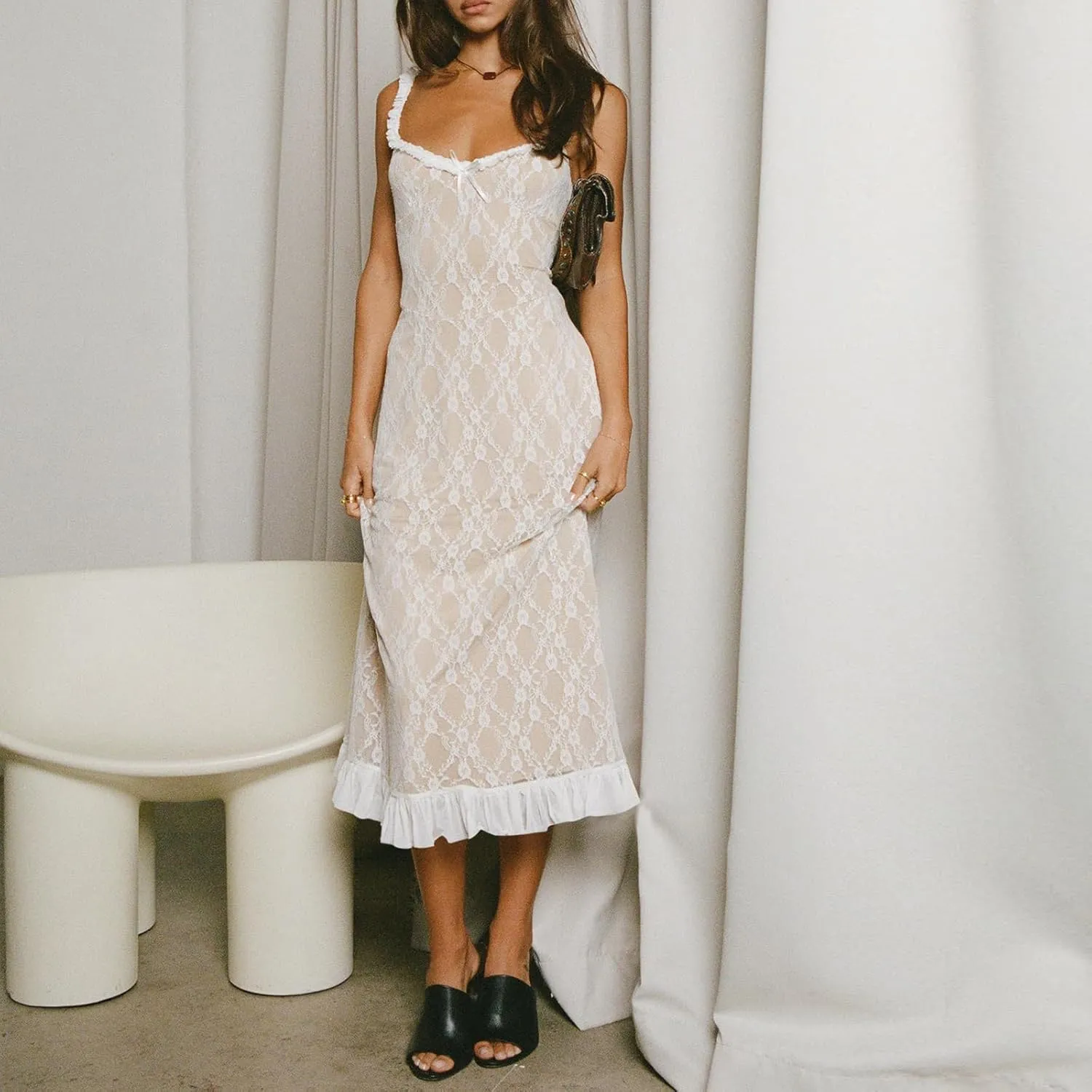 Women Y2K Sheer Lace Cami Dress Spaghetti Strap Low Cut Dress See Through Ruffle Hem Dress Backless Party Dresses