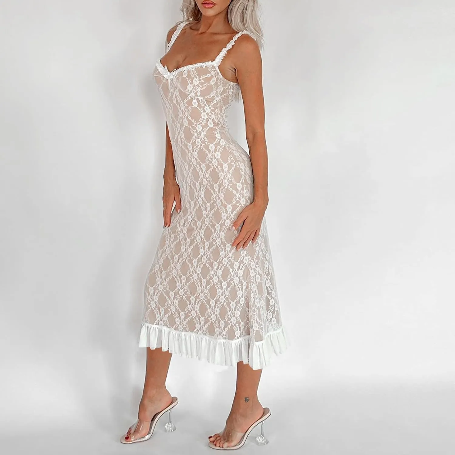 Women Y2K Sheer Lace Cami Dress Spaghetti Strap Low Cut Dress See Through Ruffle Hem Dress Backless Party Dresses