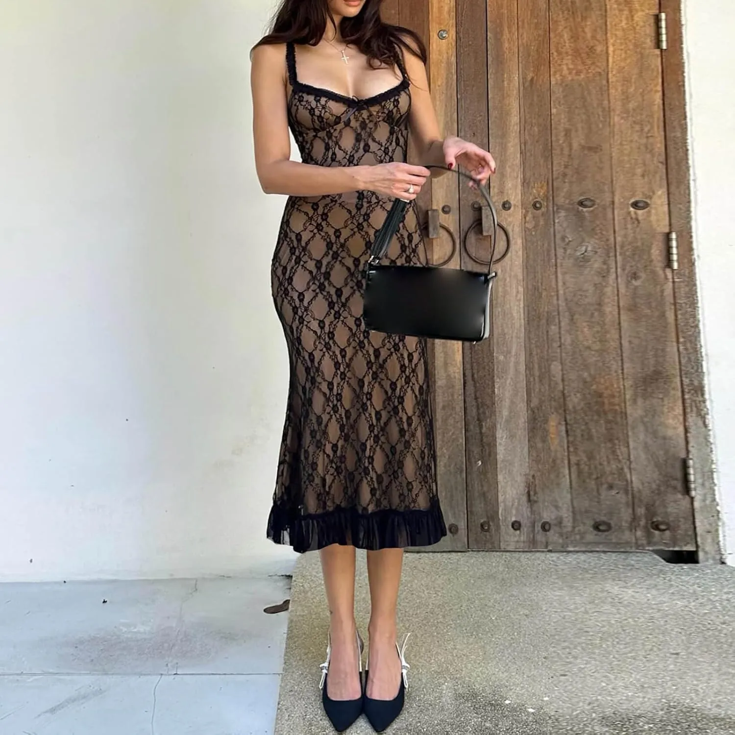 Women Y2K Sheer Lace Cami Dress Spaghetti Strap Low Cut Dress See Through Ruffle Hem Dress Backless Party Dresses
