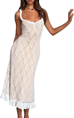 Women Y2K Sheer Lace Cami Dress Spaghetti Strap Low Cut Dress See Through Ruffle Hem Dress Backless Party Dresses