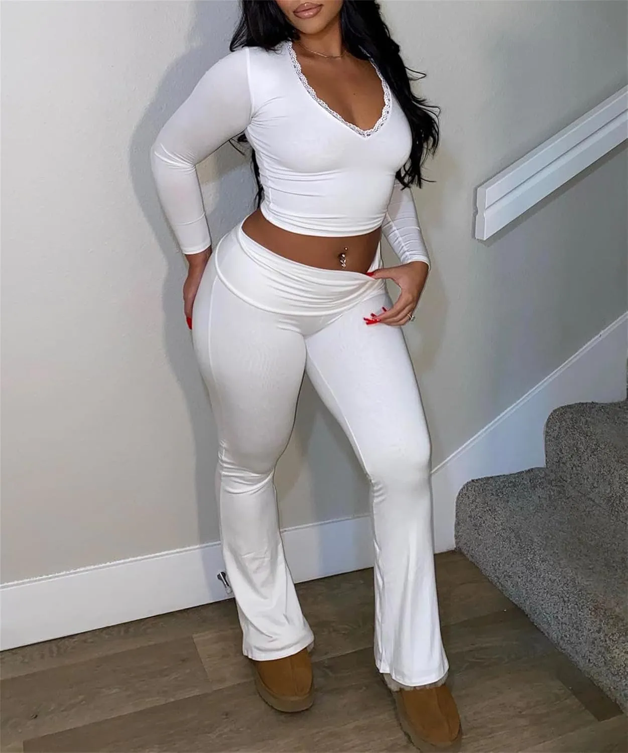 Women's 2 Piece Lounge Sets Fold Over Flare Yoga Pants Set Long Sleeve Cropped Top Casual Y2K Outfits Pajamas