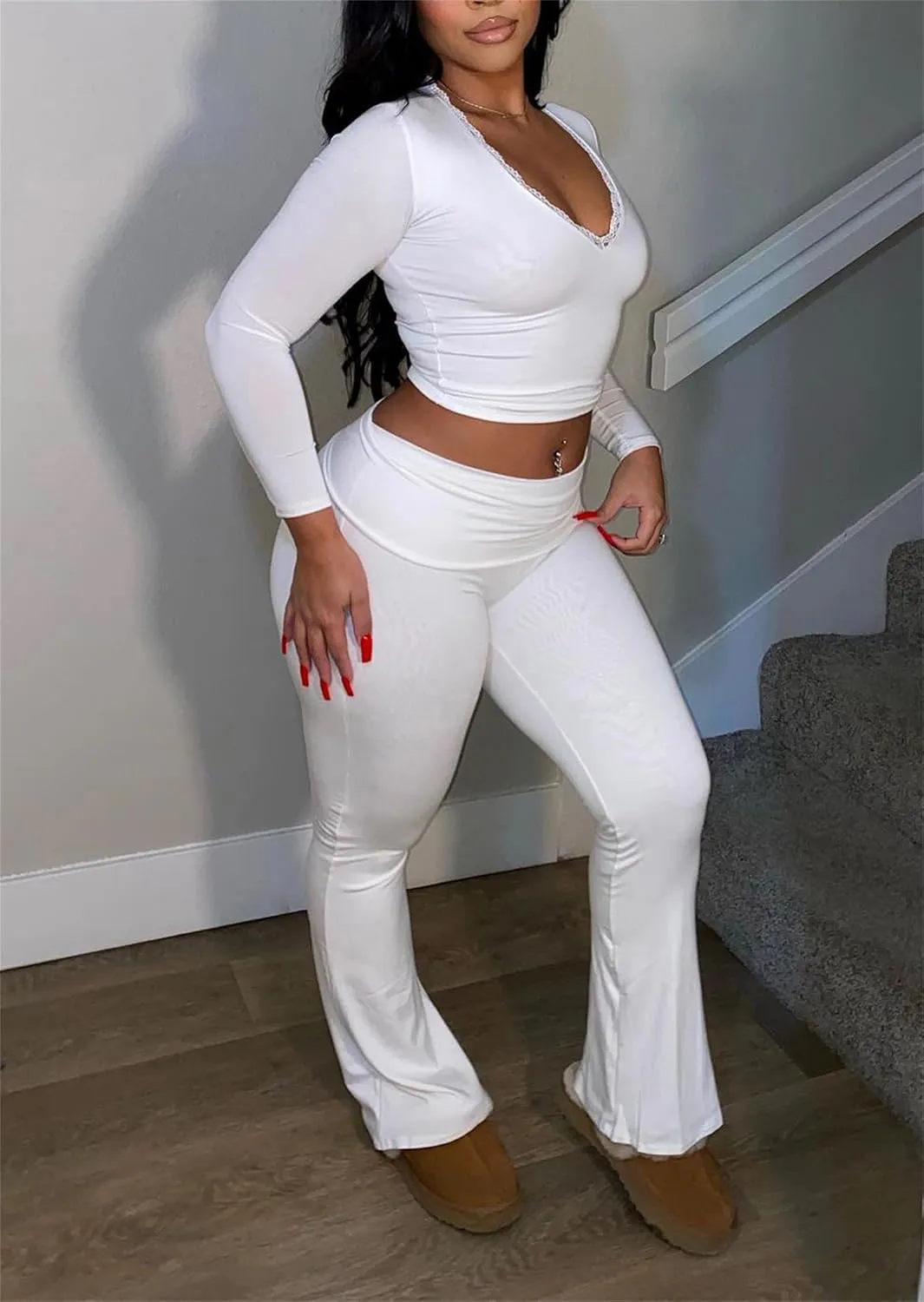 Women's 2 Piece Lounge Sets Fold Over Flare Yoga Pants Set Long Sleeve Cropped Top Casual Y2K Outfits Pajamas