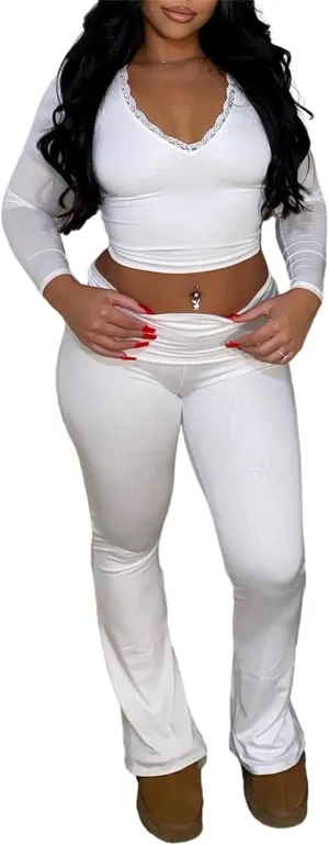 Women's 2 Piece Lounge Sets Fold Over Flare Yoga Pants Set Long Sleeve Cropped Top Casual Y2K Outfits Pajamas