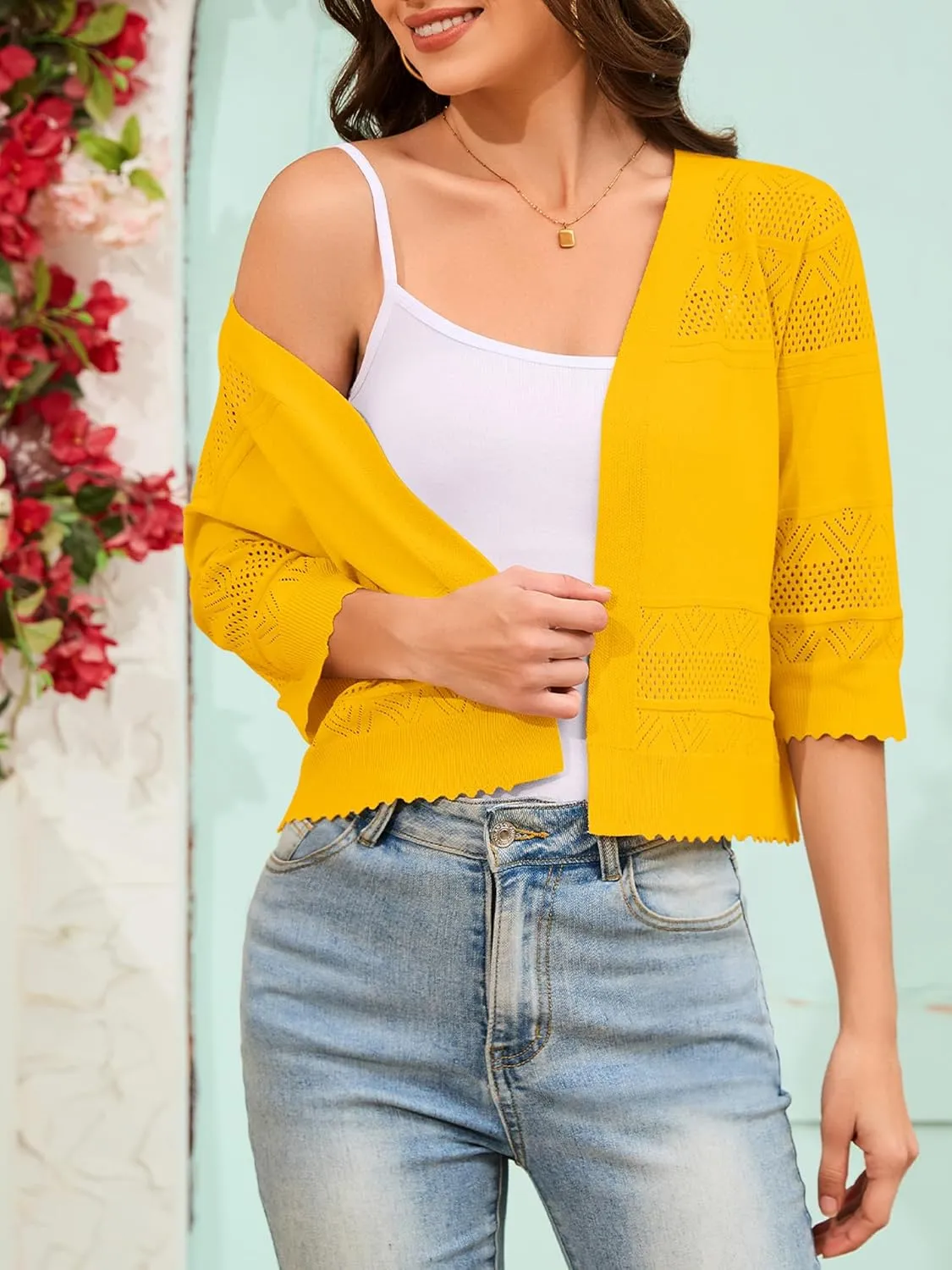 Women's 2025 Cropped Cardigan 3/4 Sleeve Lightweight Crochet Shrug Hollowed-Out Knit Sweater Tops S-XXL