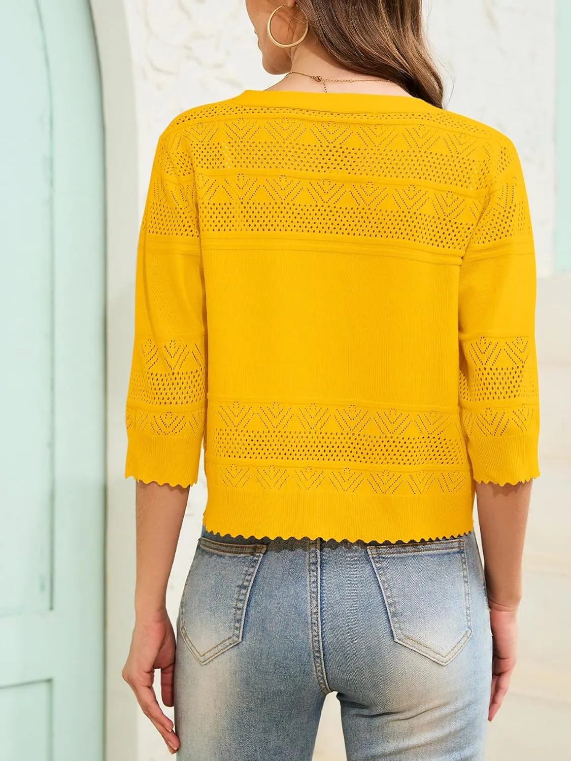 Women's 2025 Cropped Cardigan 3/4 Sleeve Lightweight Crochet Shrug Hollowed-Out Knit Sweater Tops S-XXL