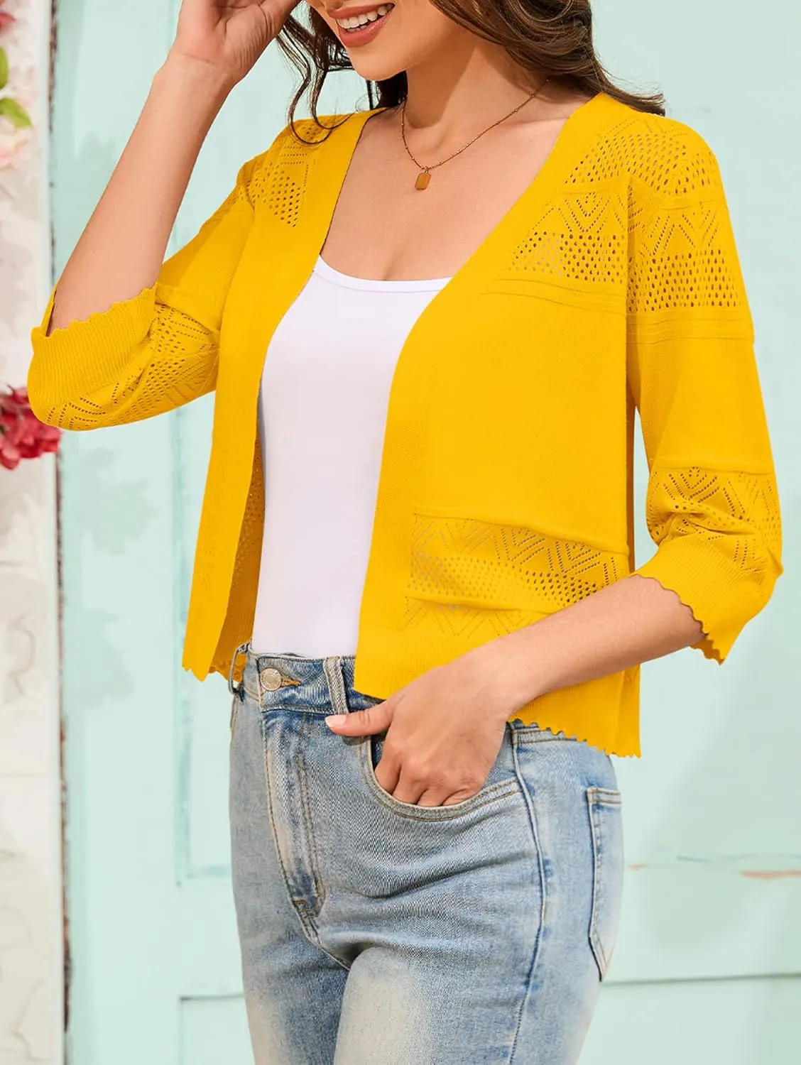 Women's 2025 Cropped Cardigan 3/4 Sleeve Lightweight Crochet Shrug Hollowed-Out Knit Sweater Tops S-XXL