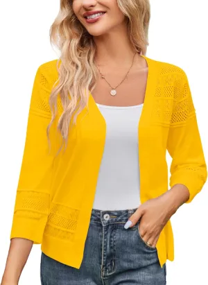 Women's 2025 Cropped Cardigan 3/4 Sleeve Lightweight Crochet Shrug Hollowed-Out Knit Sweater Tops S-XXL