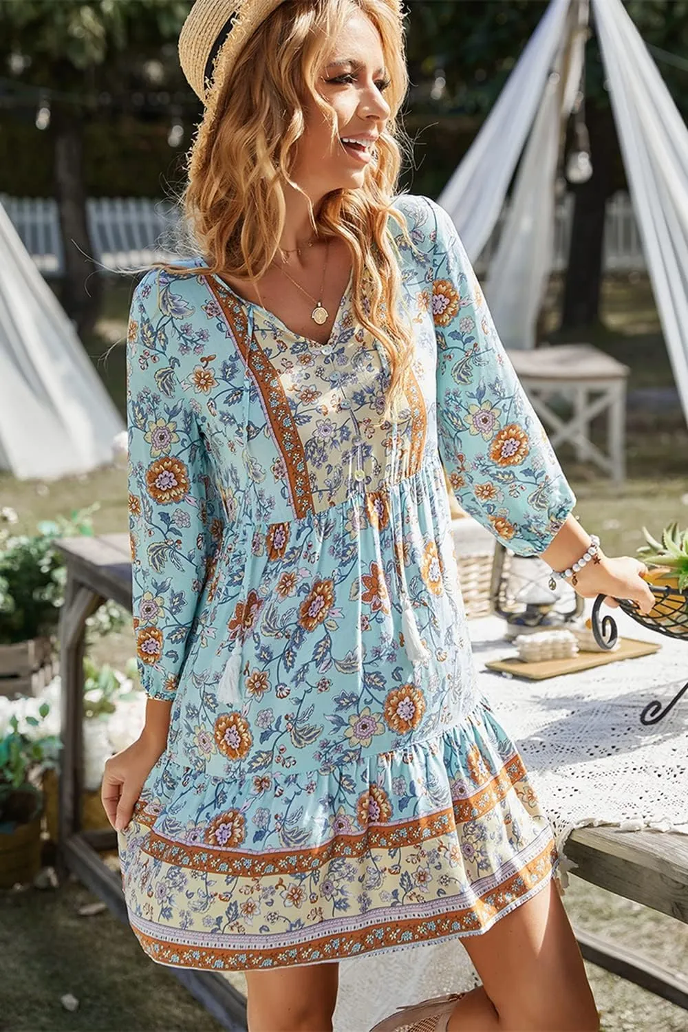 Women's 3/4 Sleeve Floral V Neck Tassel Pleated Loose Boho Ruffle Mini Dresses