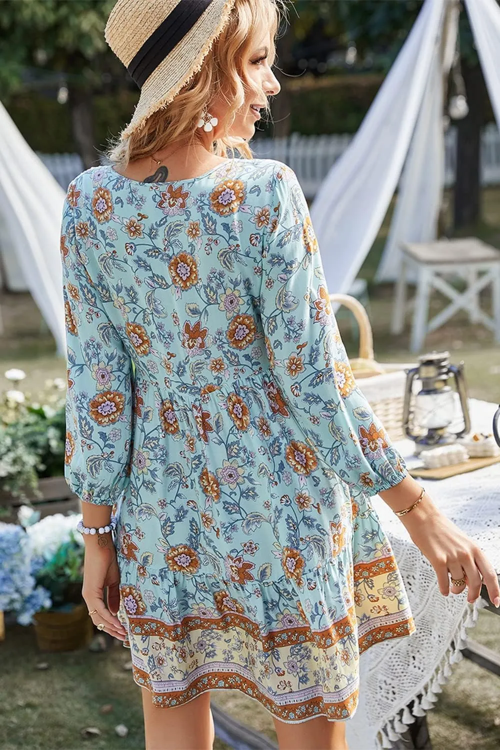 Women's 3/4 Sleeve Floral V Neck Tassel Pleated Loose Boho Ruffle Mini Dresses