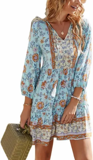 Women's 3/4 Sleeve Floral V Neck Tassel Pleated Loose Boho Ruffle Mini Dresses