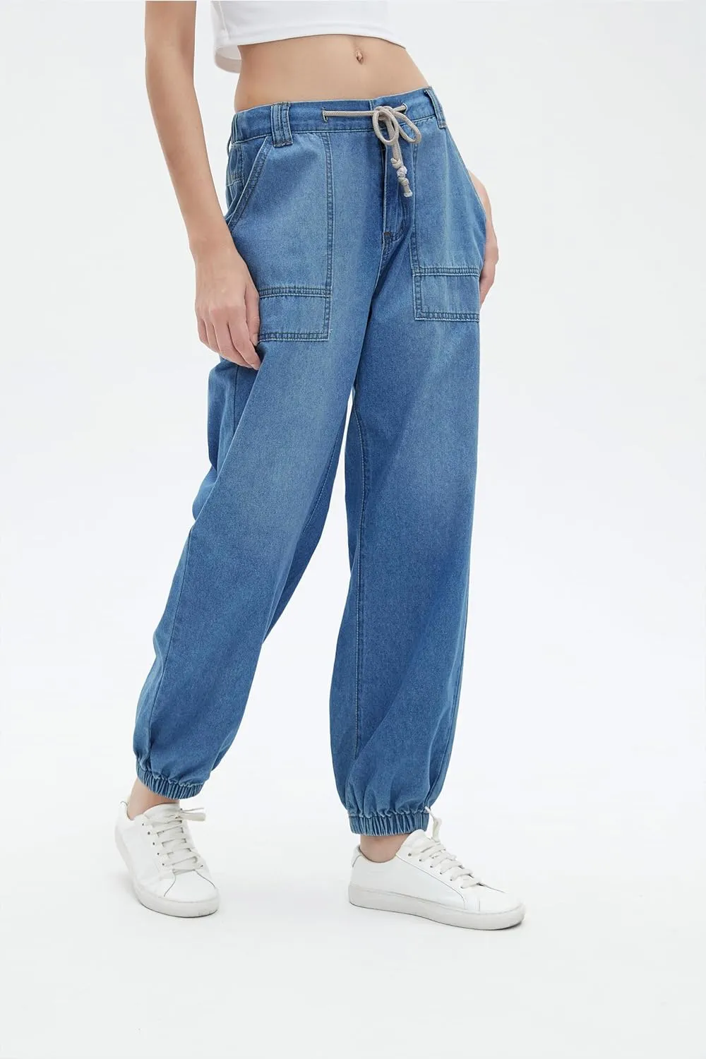 Women's Balloon Jogger Jeans High Waist Drawstring Elastic Waist Casual Loose Boyfriend Denim Pants