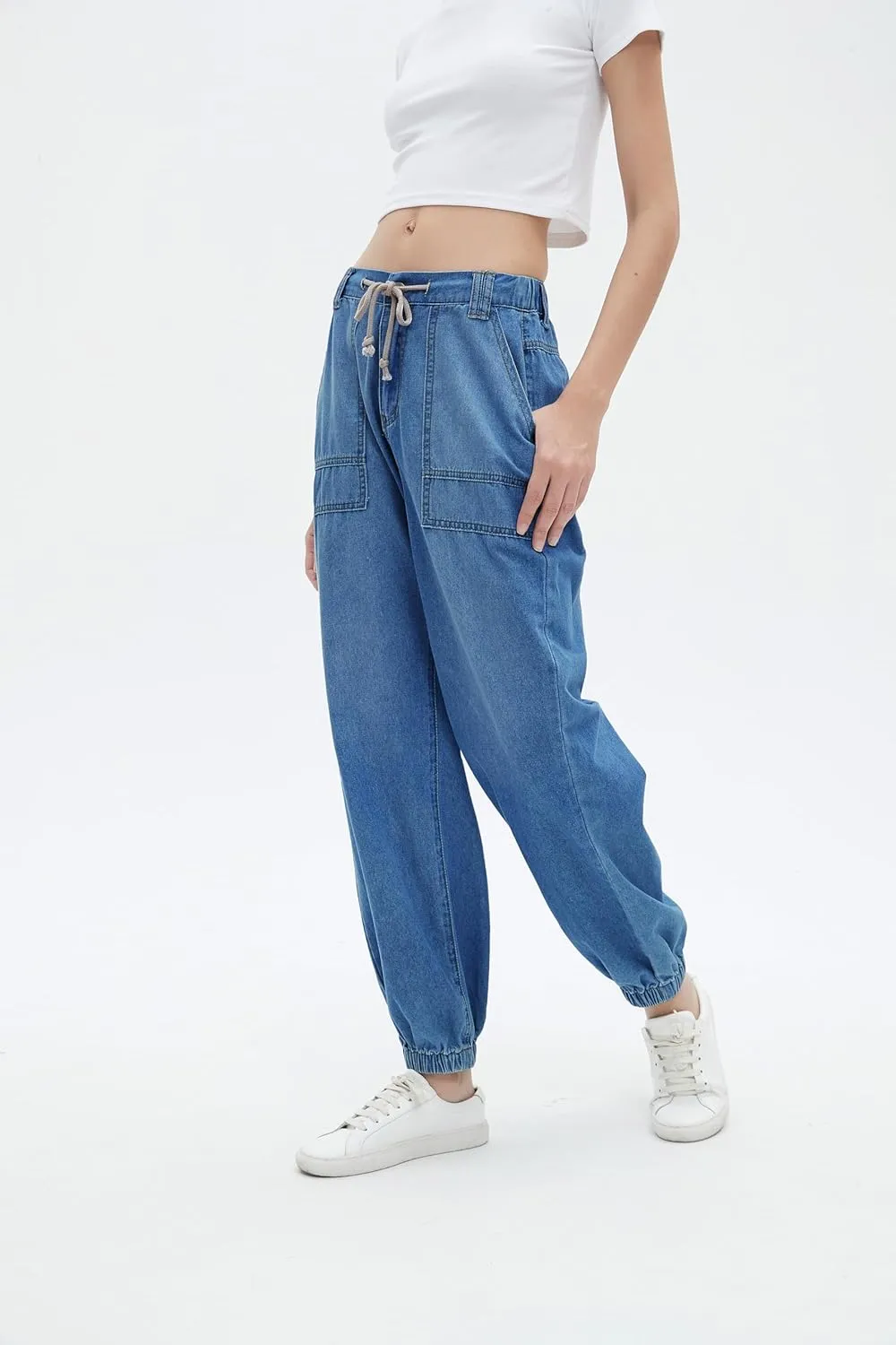 Women's Balloon Jogger Jeans High Waist Drawstring Elastic Waist Casual Loose Boyfriend Denim Pants